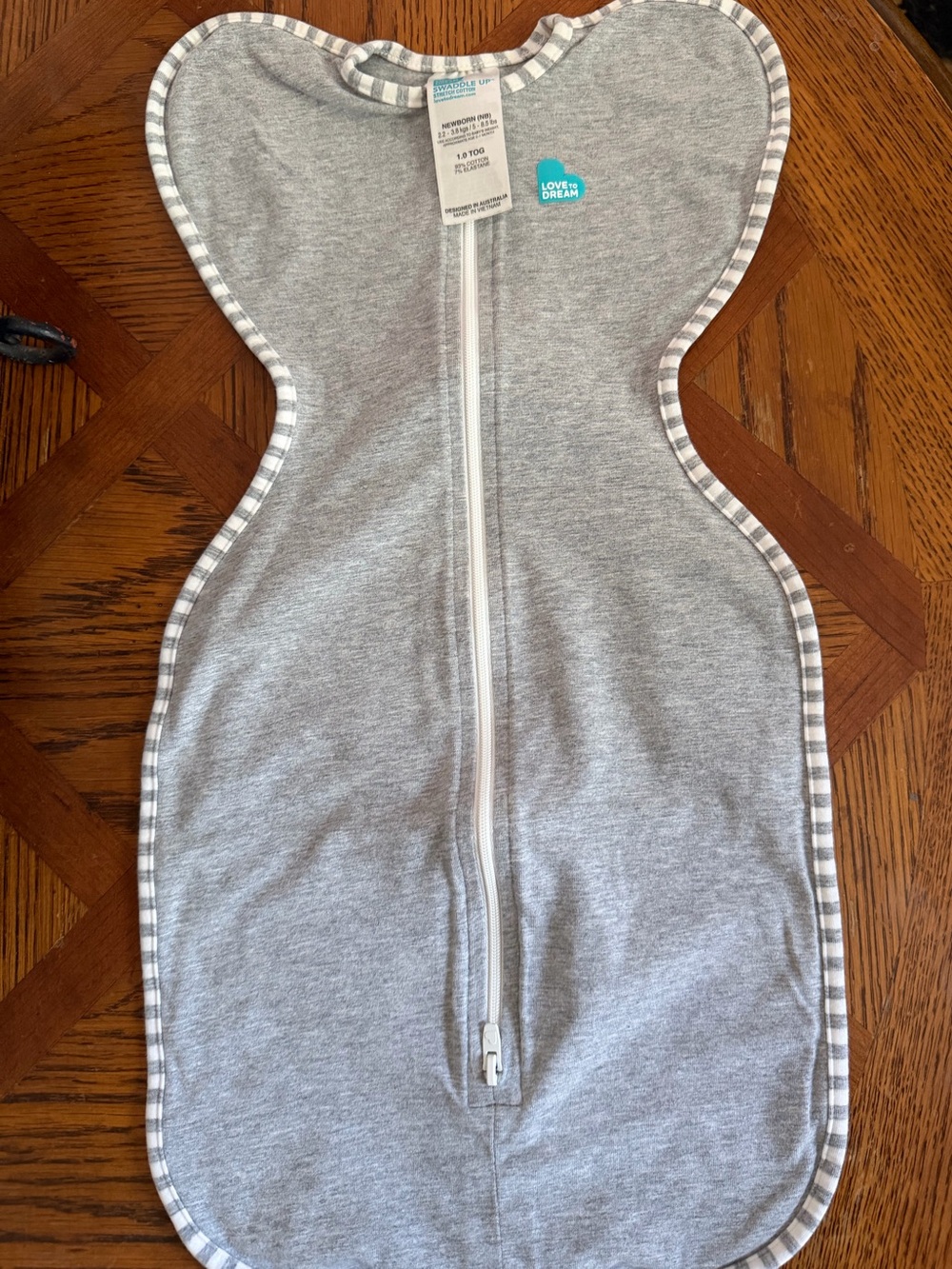 Newborn Love to Dream Gray Swaddle Sleep Sack with White Striped Trim